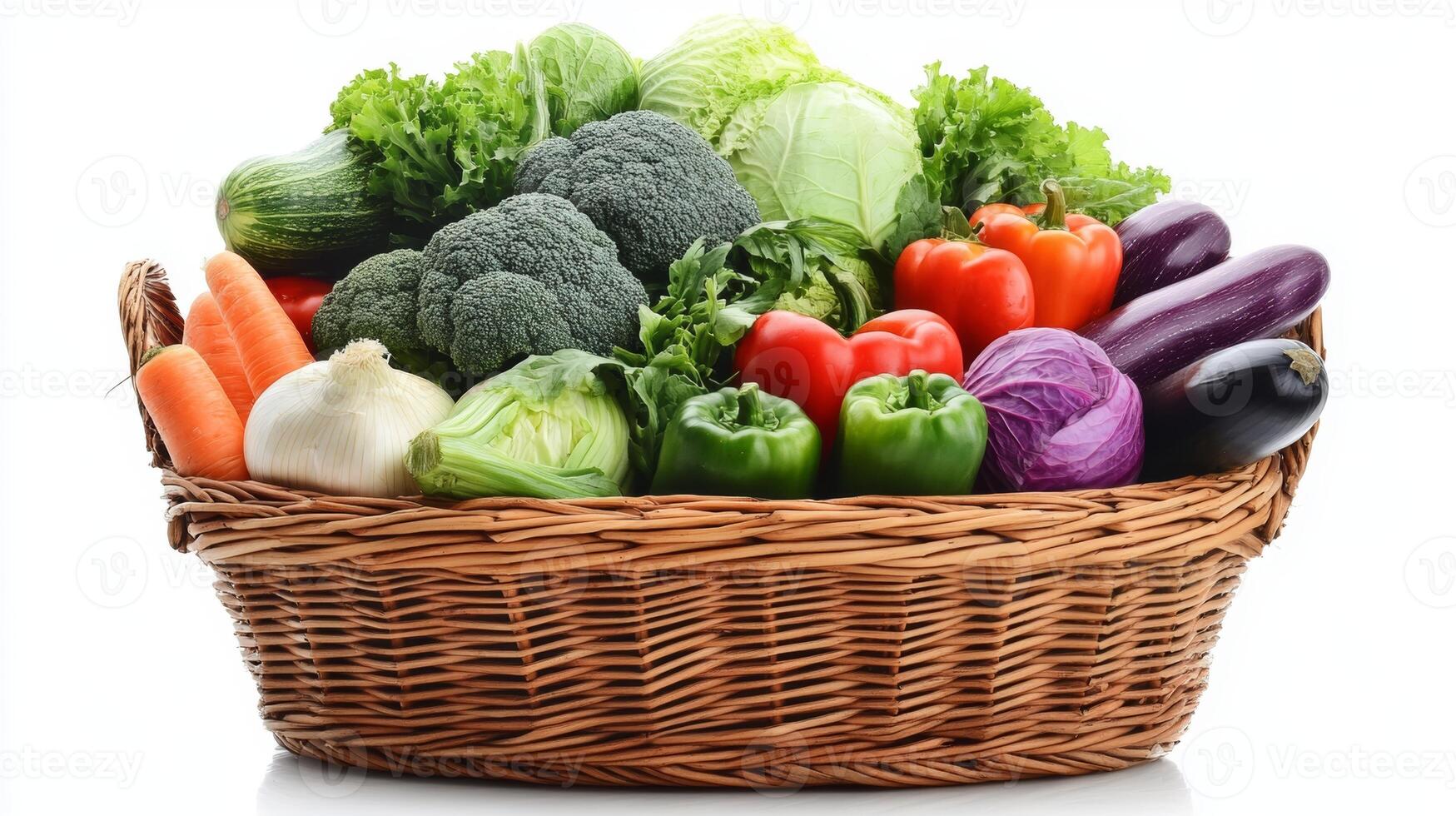 Freshly harvested vegetables displayed in a wicker basket on a clean white background photo
