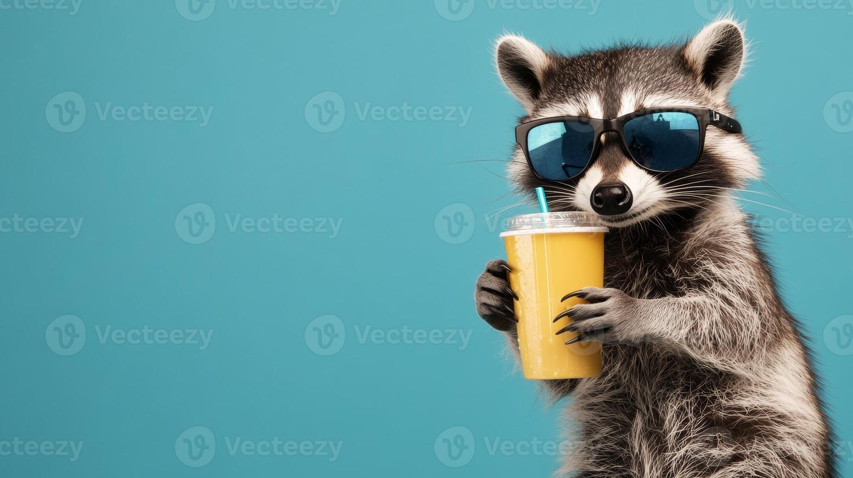 Raccoon enjoying a refreshing drink while wearing sunglasses against a vibrant blue background photo