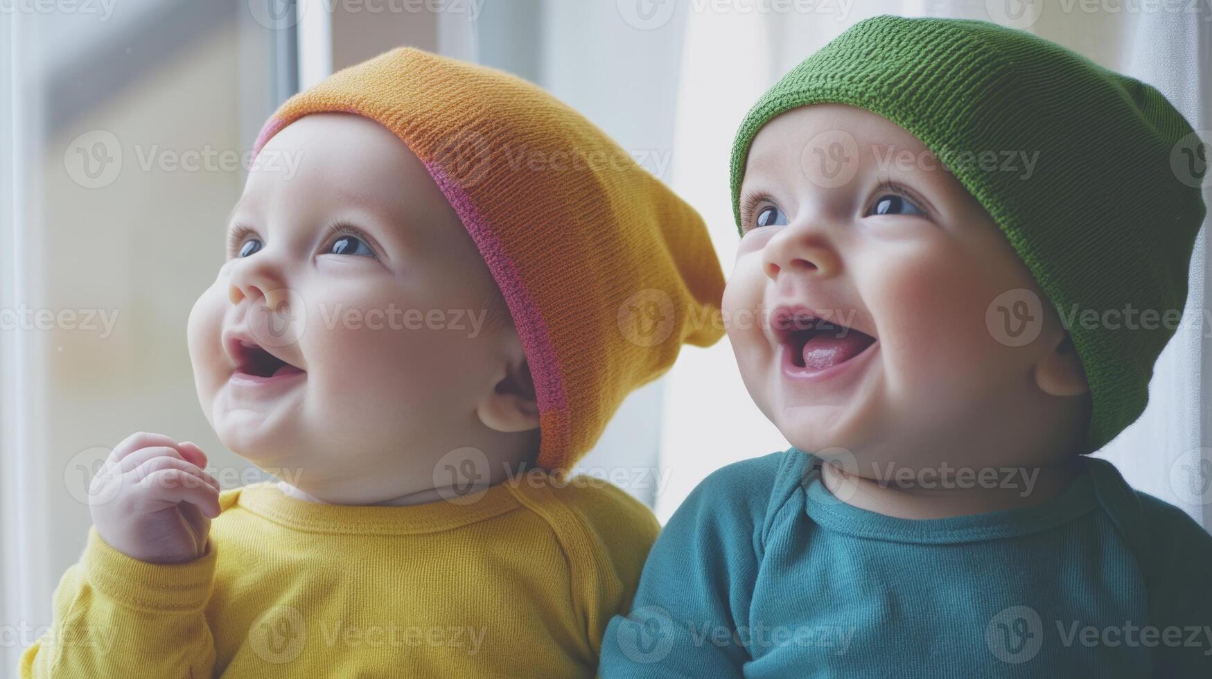 Joyful babies wearing colorful hats engage in playful expressions while gazing through a window on a bright day photo