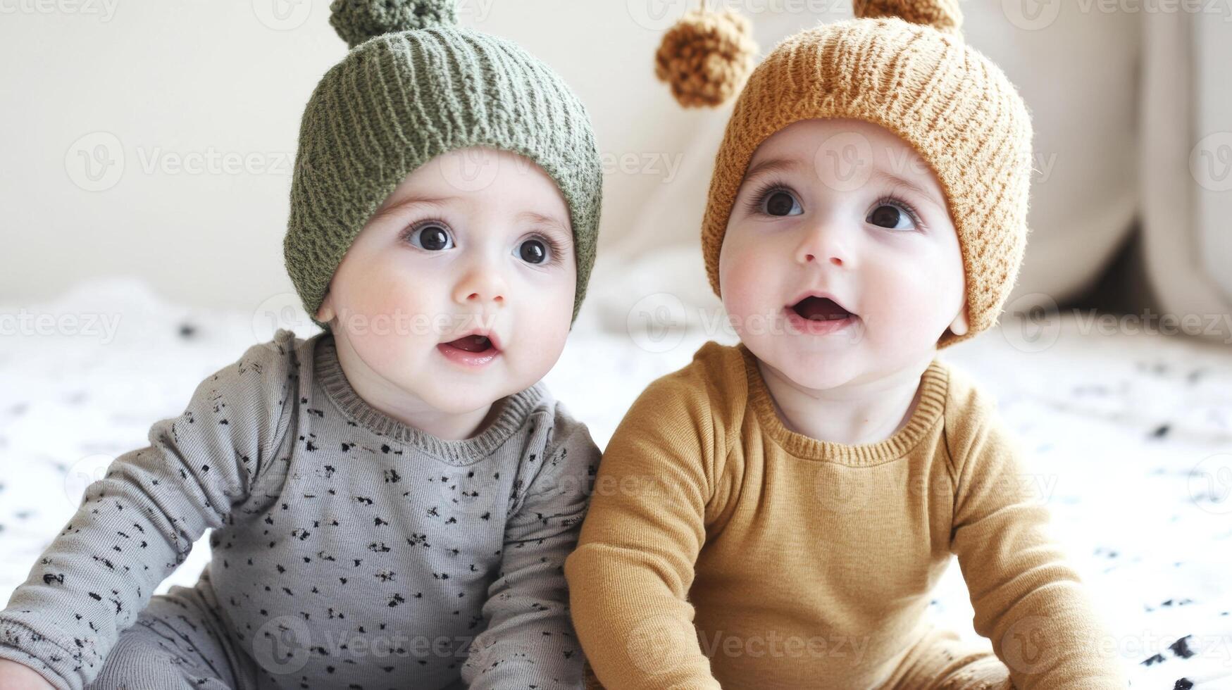 Two adorable infants wearing knitted hats enjoy a playful moment at home during the afternoon photo