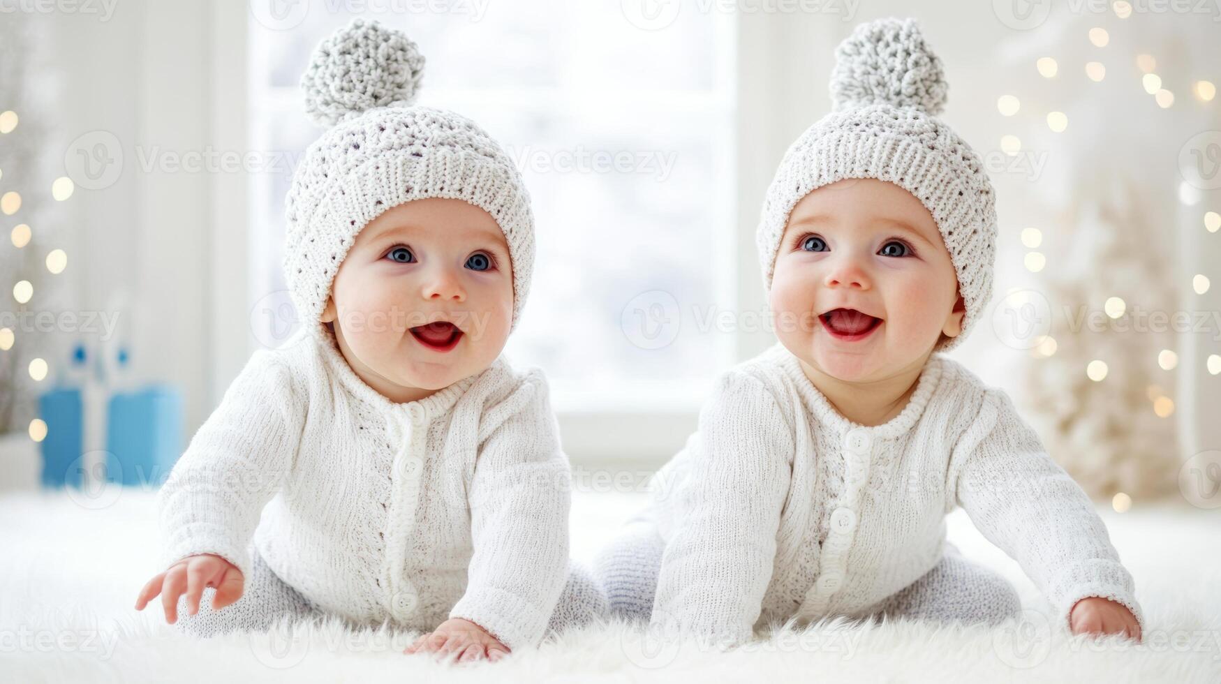 Twins in cozy winter outfits enjoying a joyful moment indoors surrounded by soft lighting and festive decorations photo