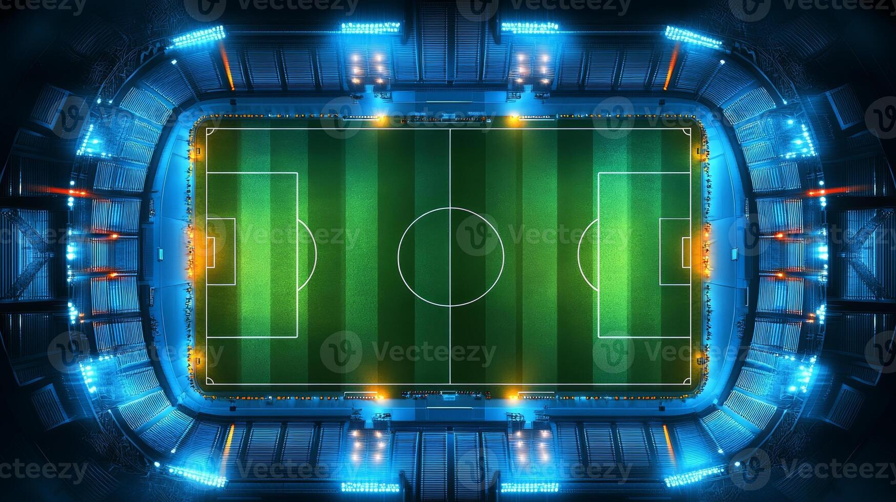 Stadium view of a vibrant soccer field illuminated at night with bright lights and a well-maintained pitch photo