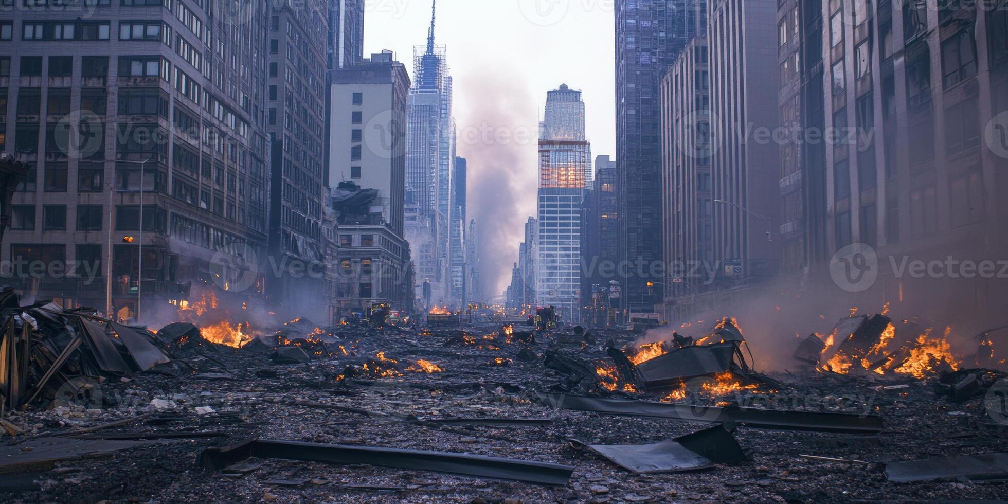 Urban destruction and chaos in a modern city after a catastrophic event at dawn photo