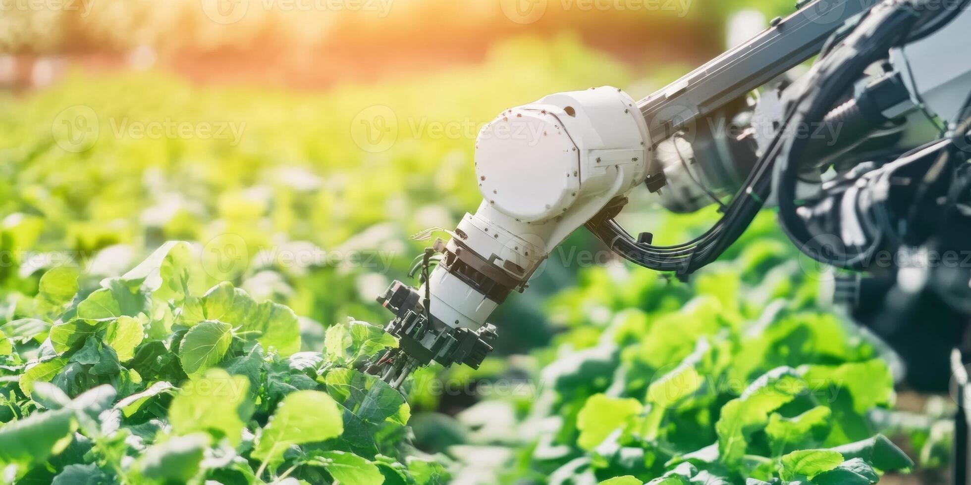 Innovative robotic arm tending to crops in a vibrant green agricultural field during sunset photo