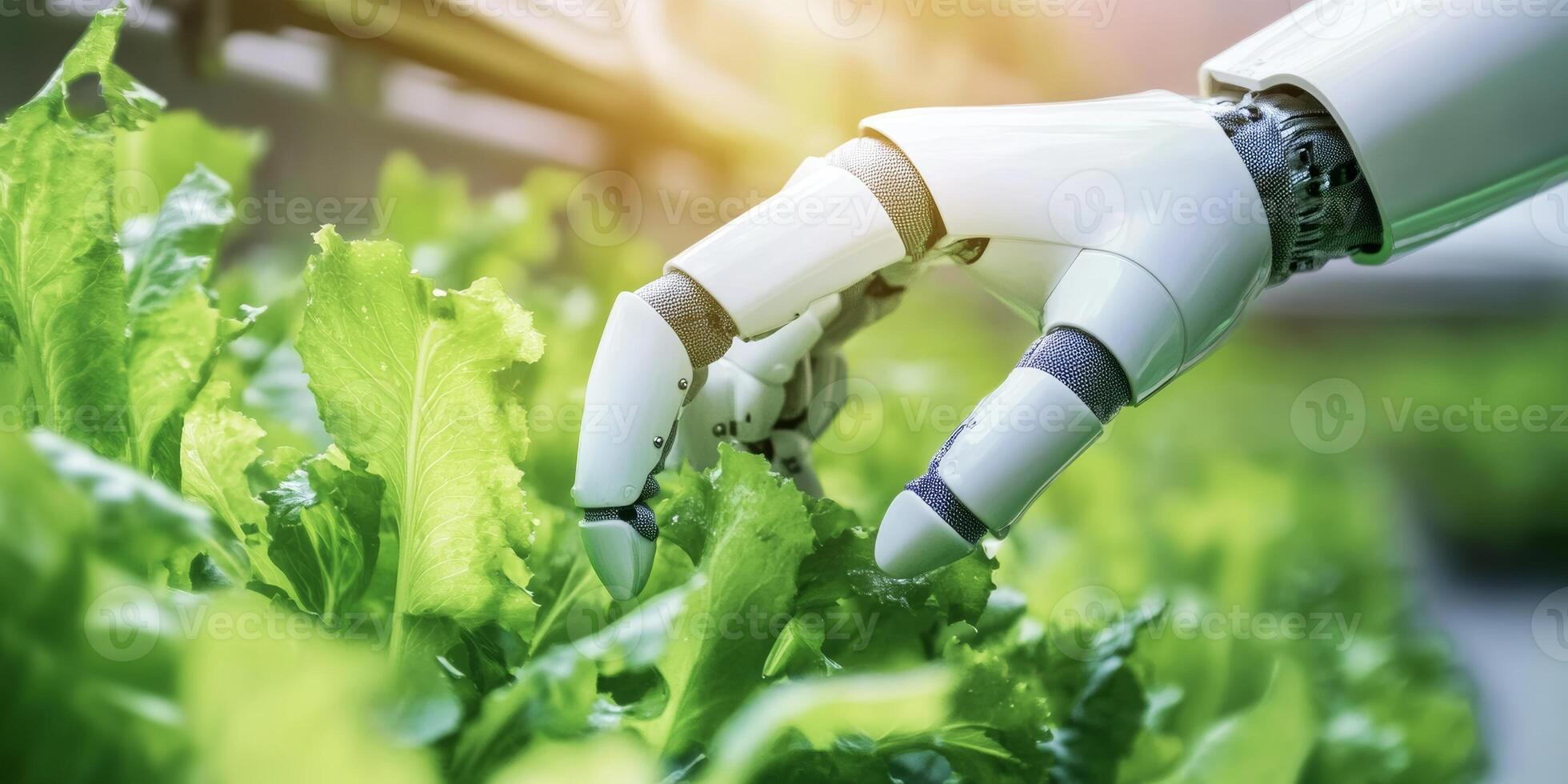 Robotic hand harvesting fresh lettuce in a greenhouse during daylight hours photo