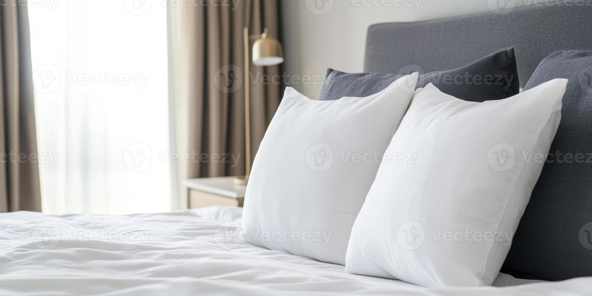 Cozy bedroom setting with neatly arranged pillows and soft bedding creating a tranquil atmosphere for relaxation photo