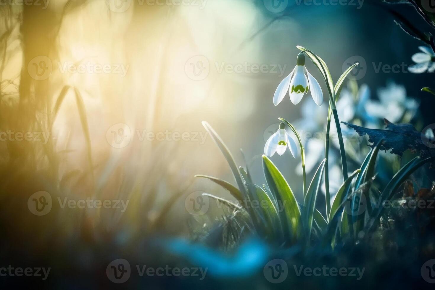 Delicate snowdrops bloom in a tranquil forest setting during springtime sunlight photo