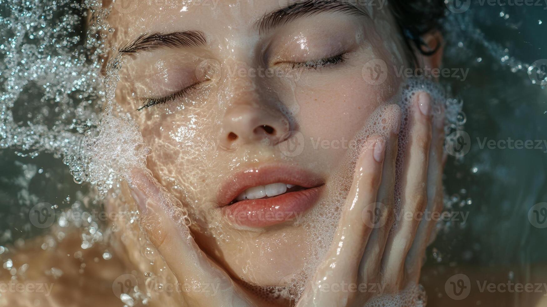 Young woman enjoys a refreshing facial cleanse underwater during a relaxing spa session in a serene environment photo