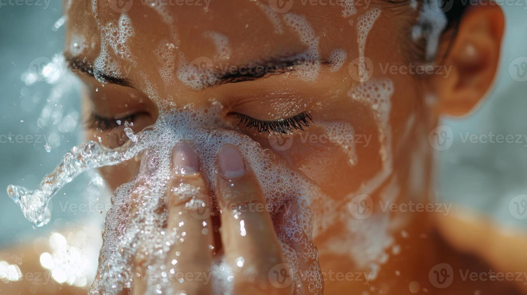 Woman enjoying a refreshing splash of water while cleansing her face during a sunny day at a serene outdoor setting photo
