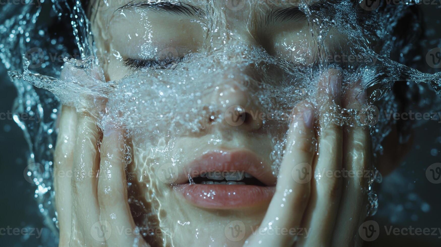 Woman washes face with water, creating a serene and refreshing moment in a tranquil setting photo