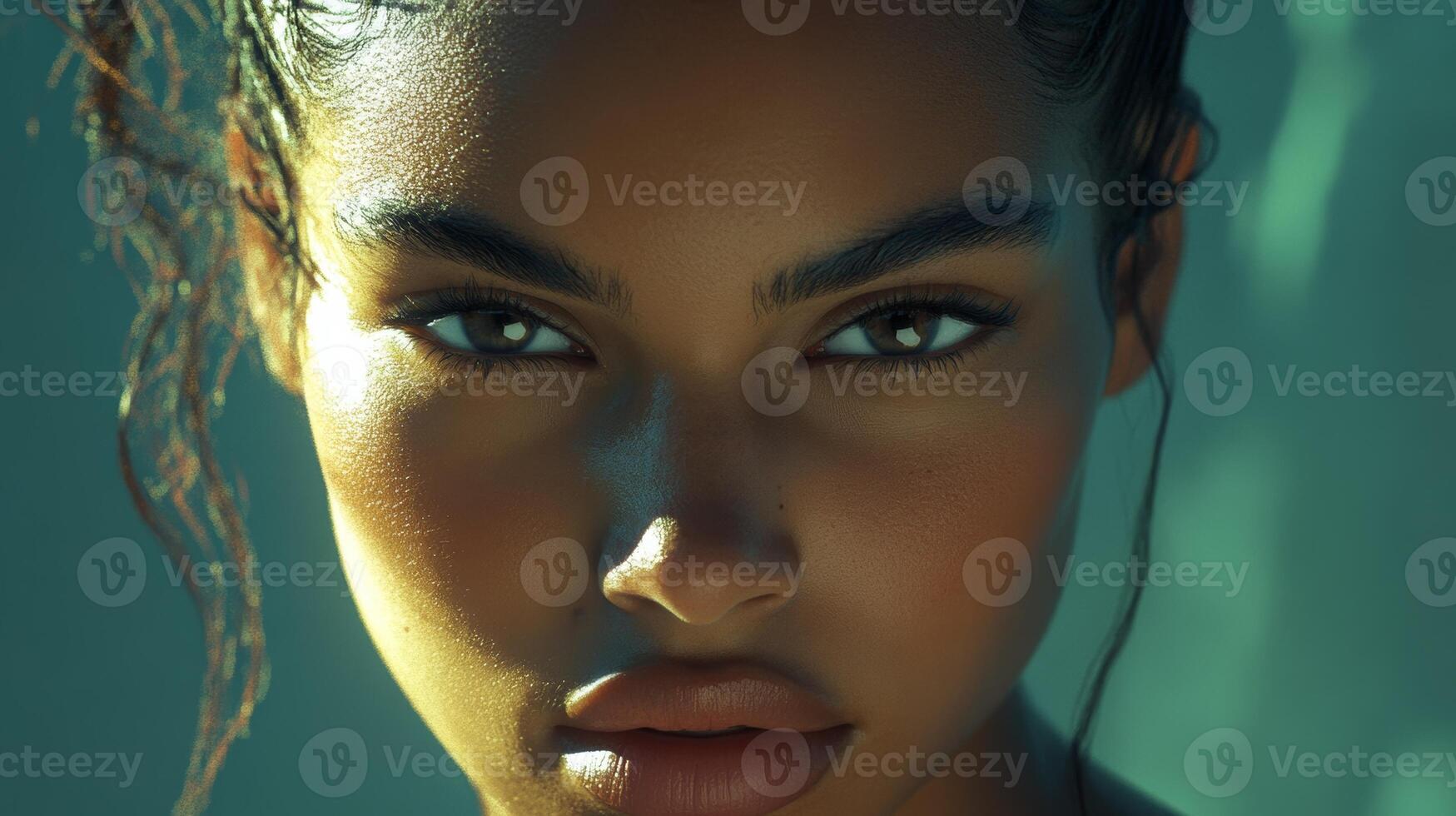 Close-up portrait of a woman with long dark hair showcasing natural beauty under soft lighting photo