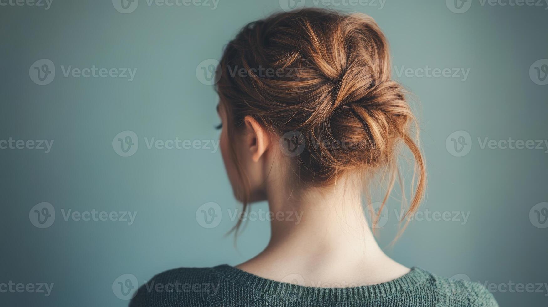 Woman with a stylish bun hairstyle poses against a simple blue background in natural light photo