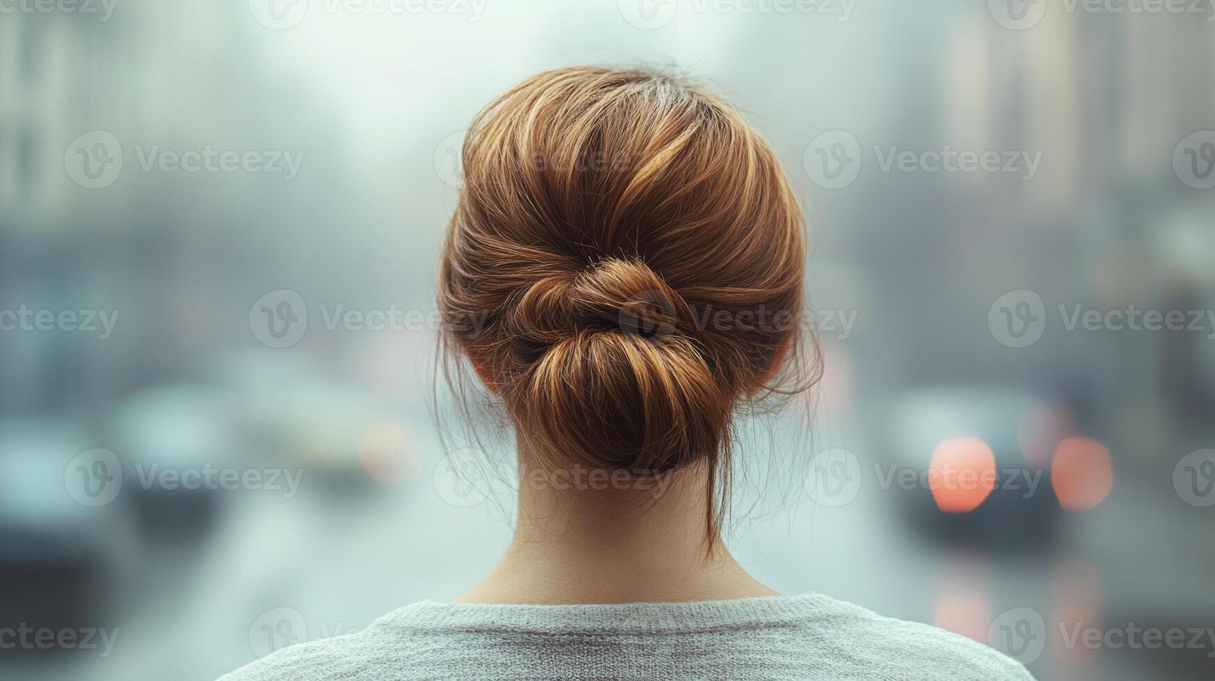 Woman with a bun hairstyle facing a busy street on a foggy day in a city photo