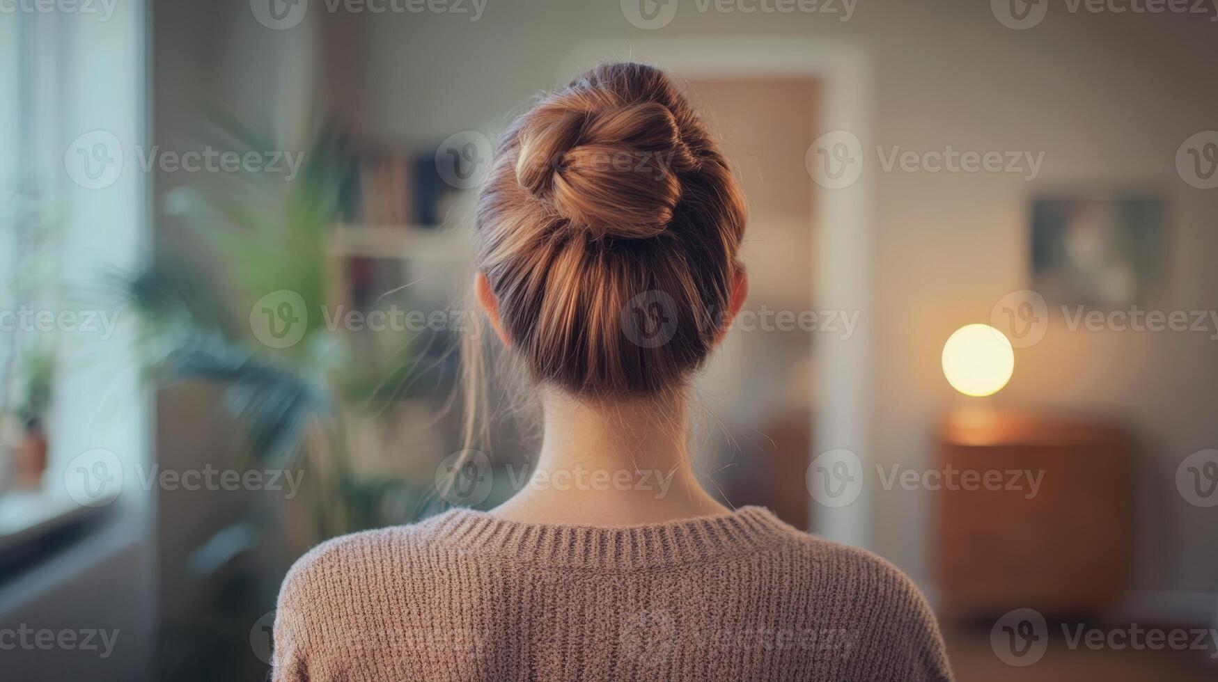 Woman with a bun hairstyle observes the cozy interior of a softly lit room in the evening photo