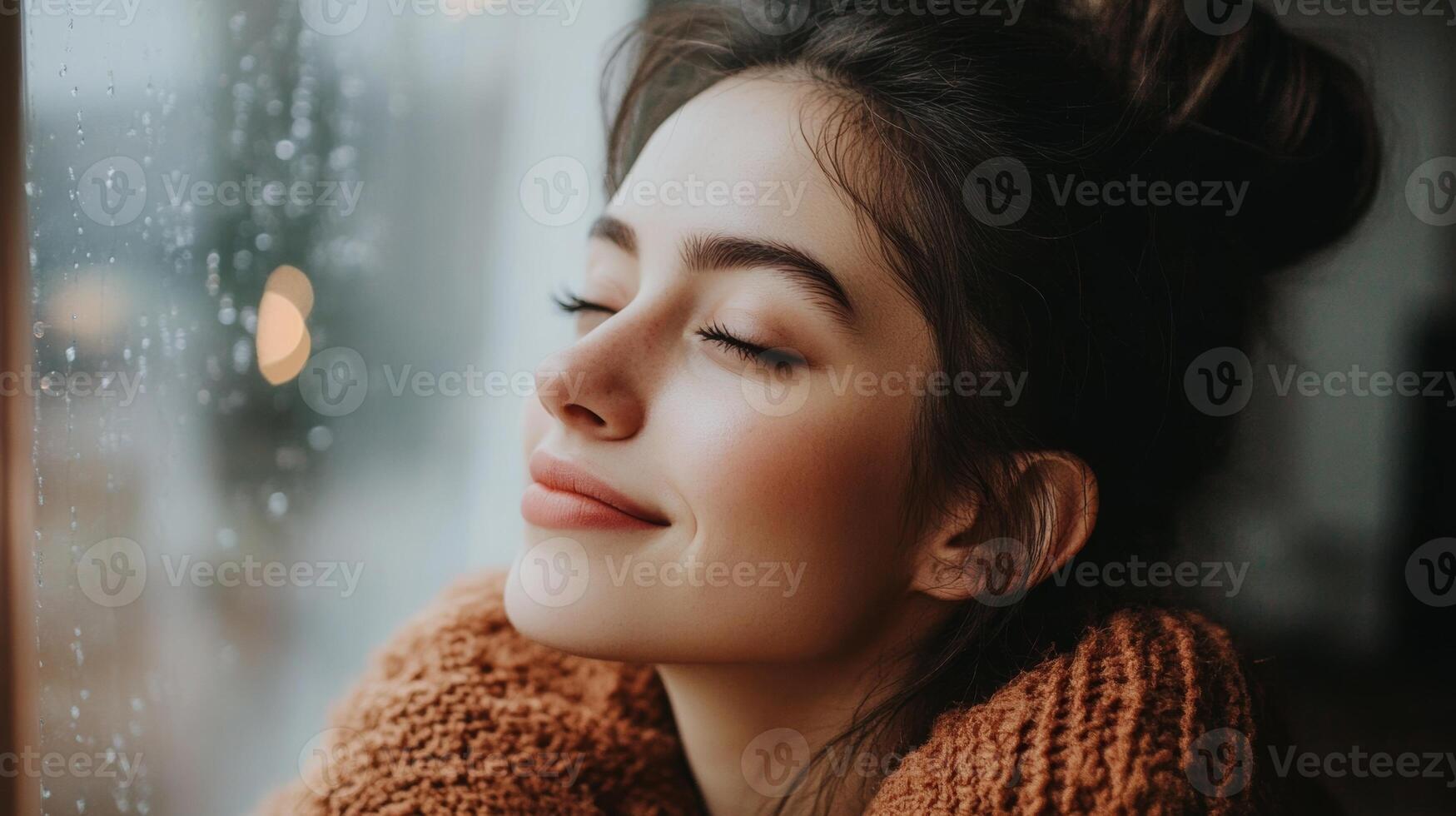 Young woman enjoying a moment of serenity while looking out the window on a rainy day photo