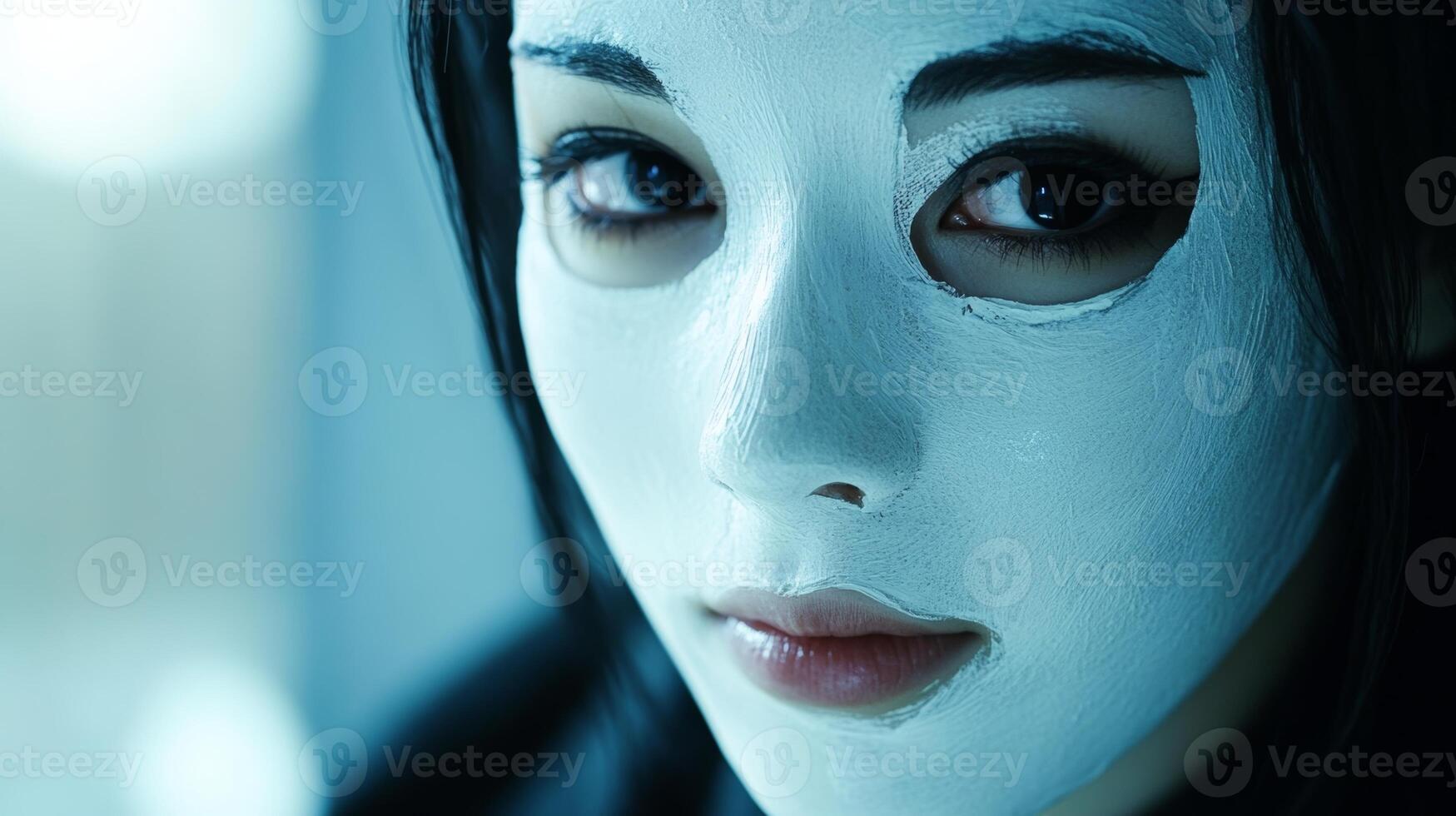 Woman applying a white facial mask with a serene expression in a softly lit room photo