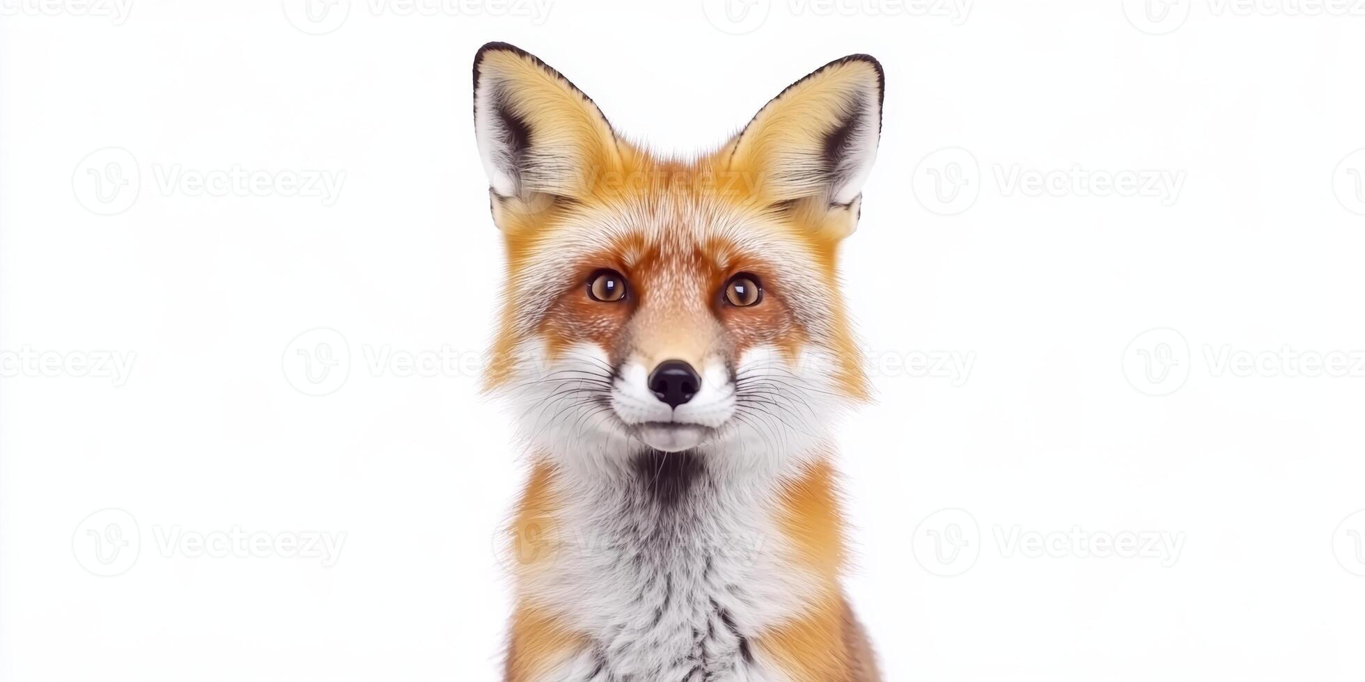 Portrait of a red fox displaying vibrant fur and striking eyes against a plain background photo