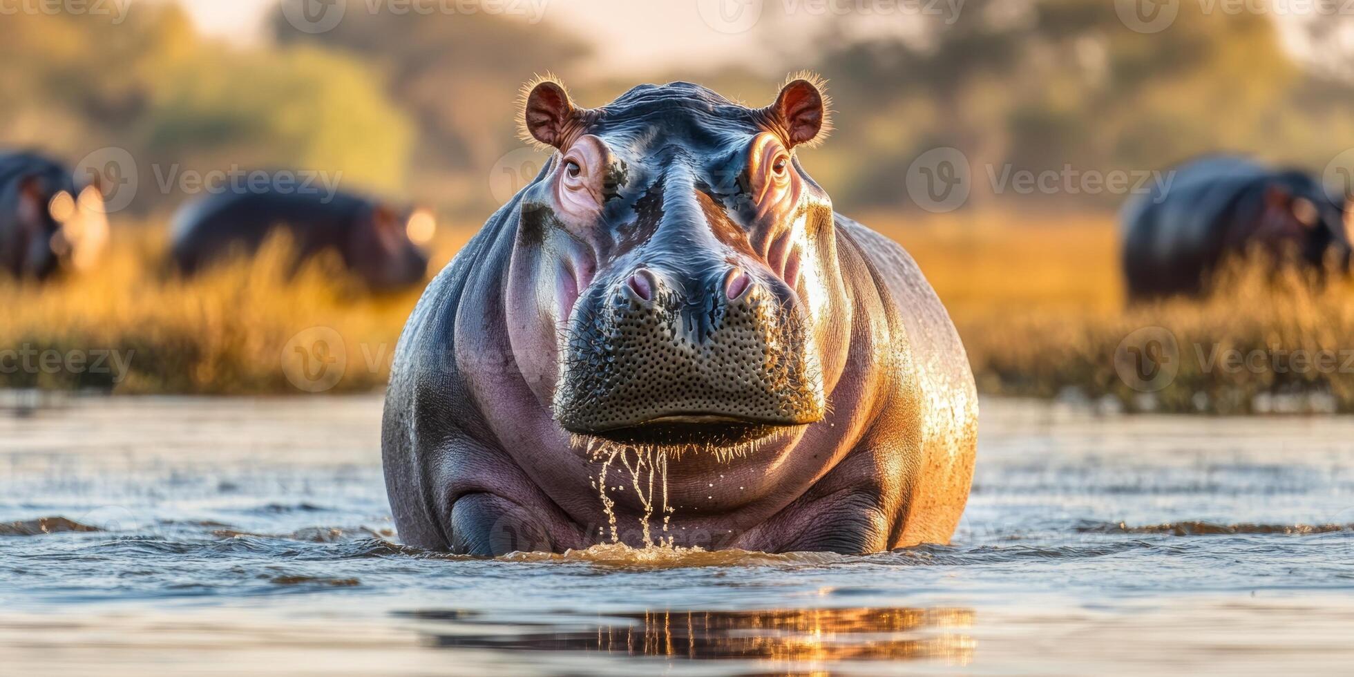 Hippo wades through calm water at sunset with other hippos in the background in a scenic natural habitat photo