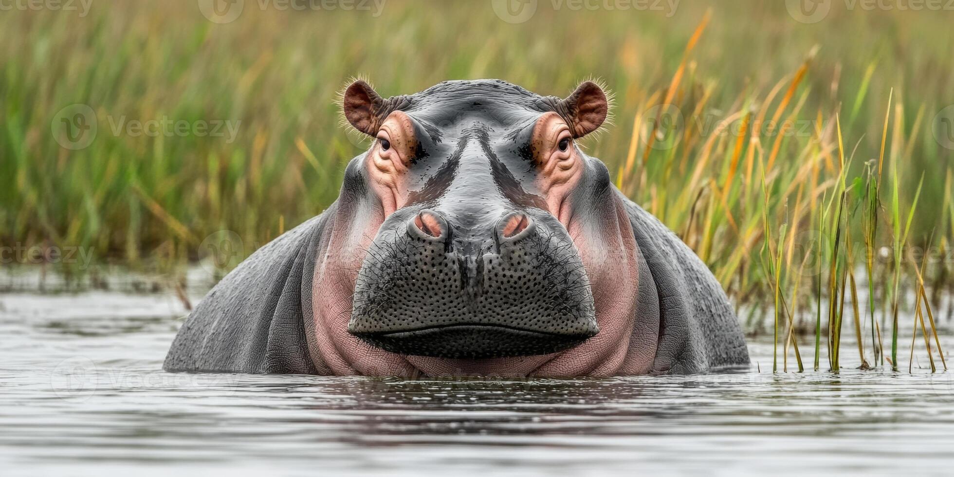 Hippo emerging from the water in a lush wetland area during daylight hours photo