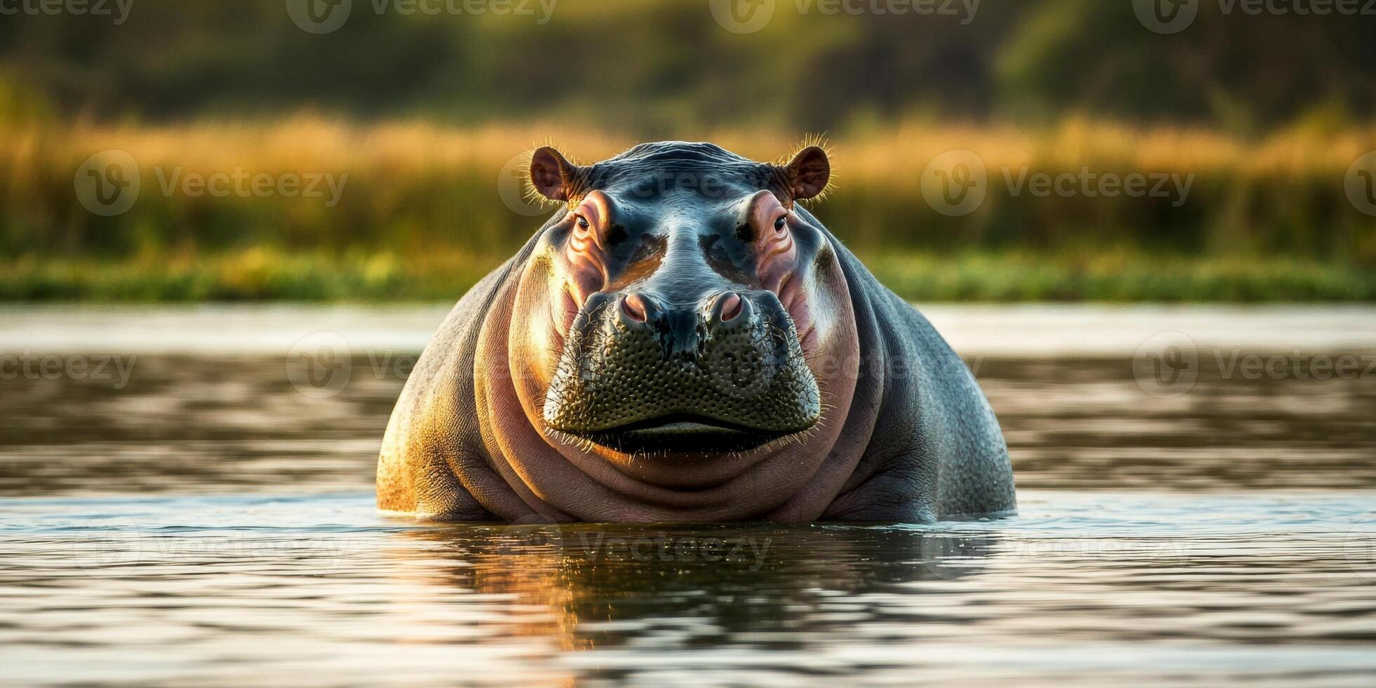 Large hippo enjoys a tranquil moment in a serene river during sunset in Africa photo