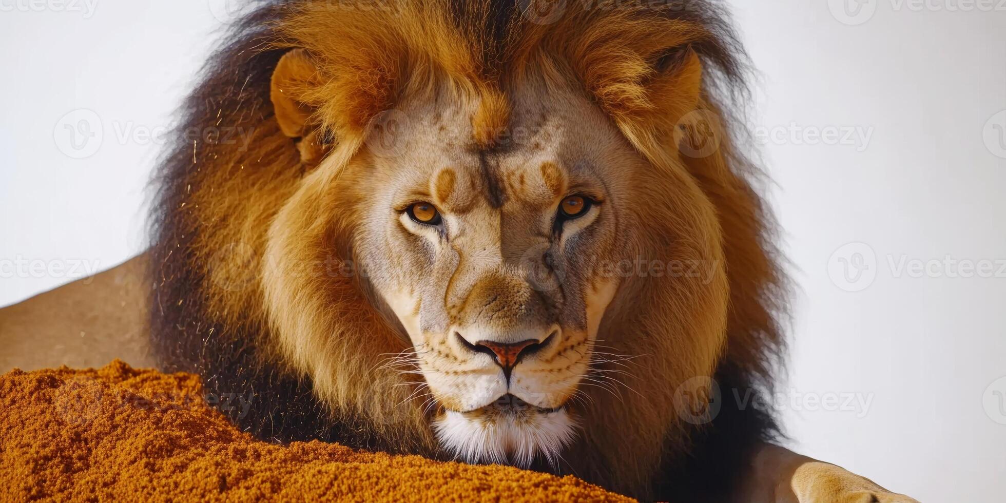 Majestic lion resting on sandy surface in a serene setting during daylight hours photo