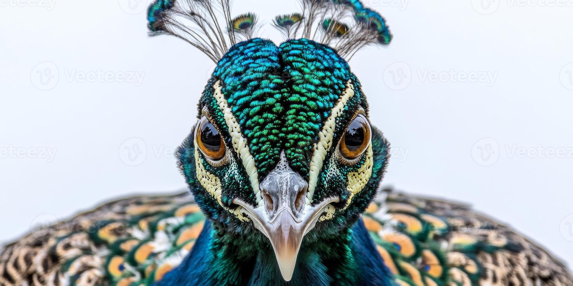 Colorful peacock displaying vibrant feathers against a neutral background in bright daylight photo