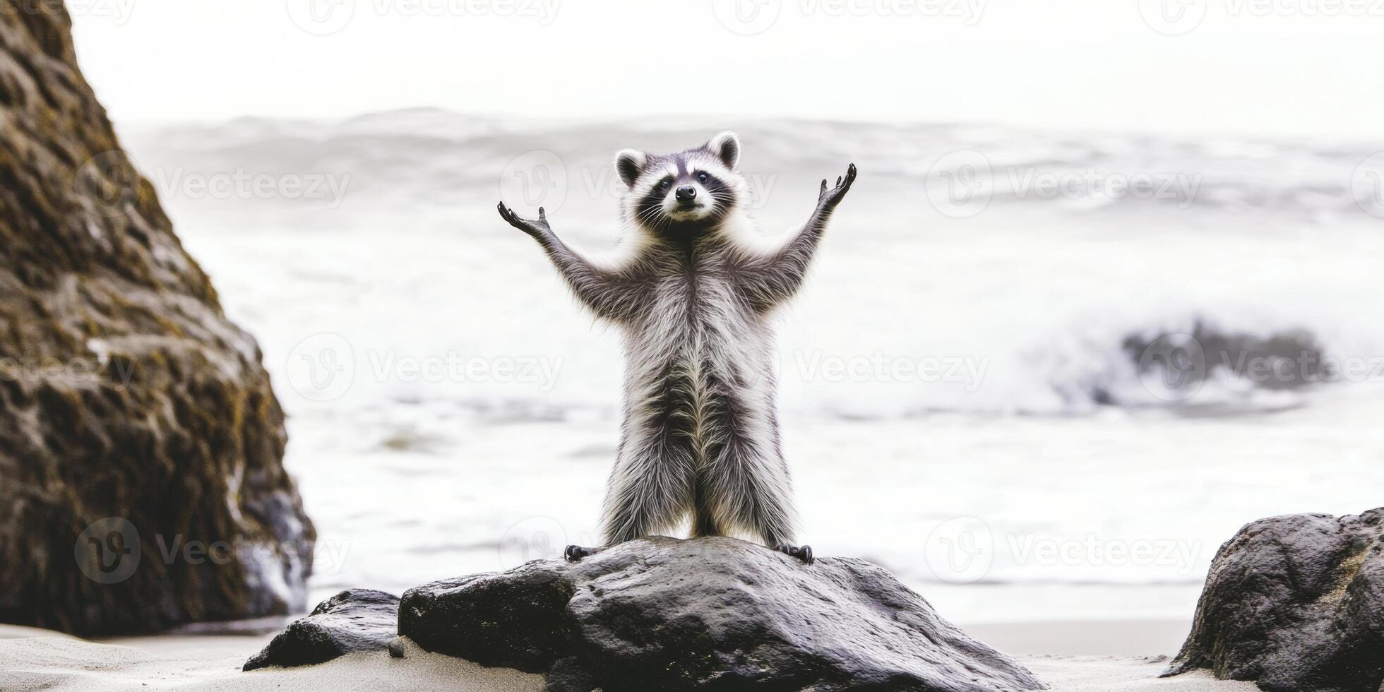 Raccoon stands on rocky beach with ocean waves in background during cloudy day photo