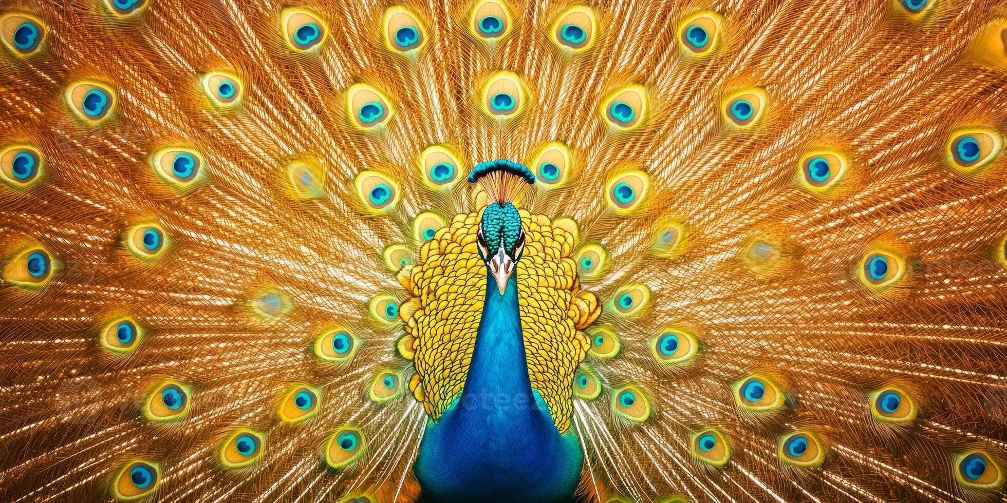 Vibrant peacock displays its colorful feathers in an enchanting natural setting photo