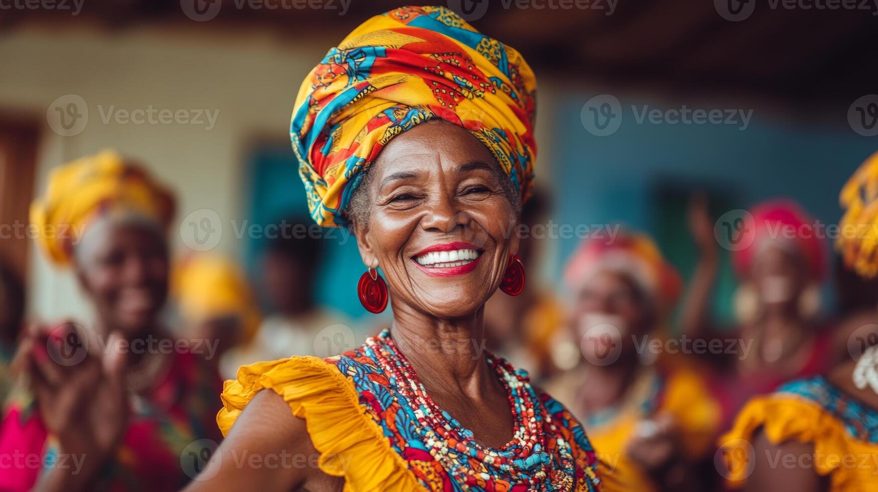 Elderly woman wearing bright head wrap smiles joyfully in a vibrant cultural celebration with friends in a warm indoor setting photo