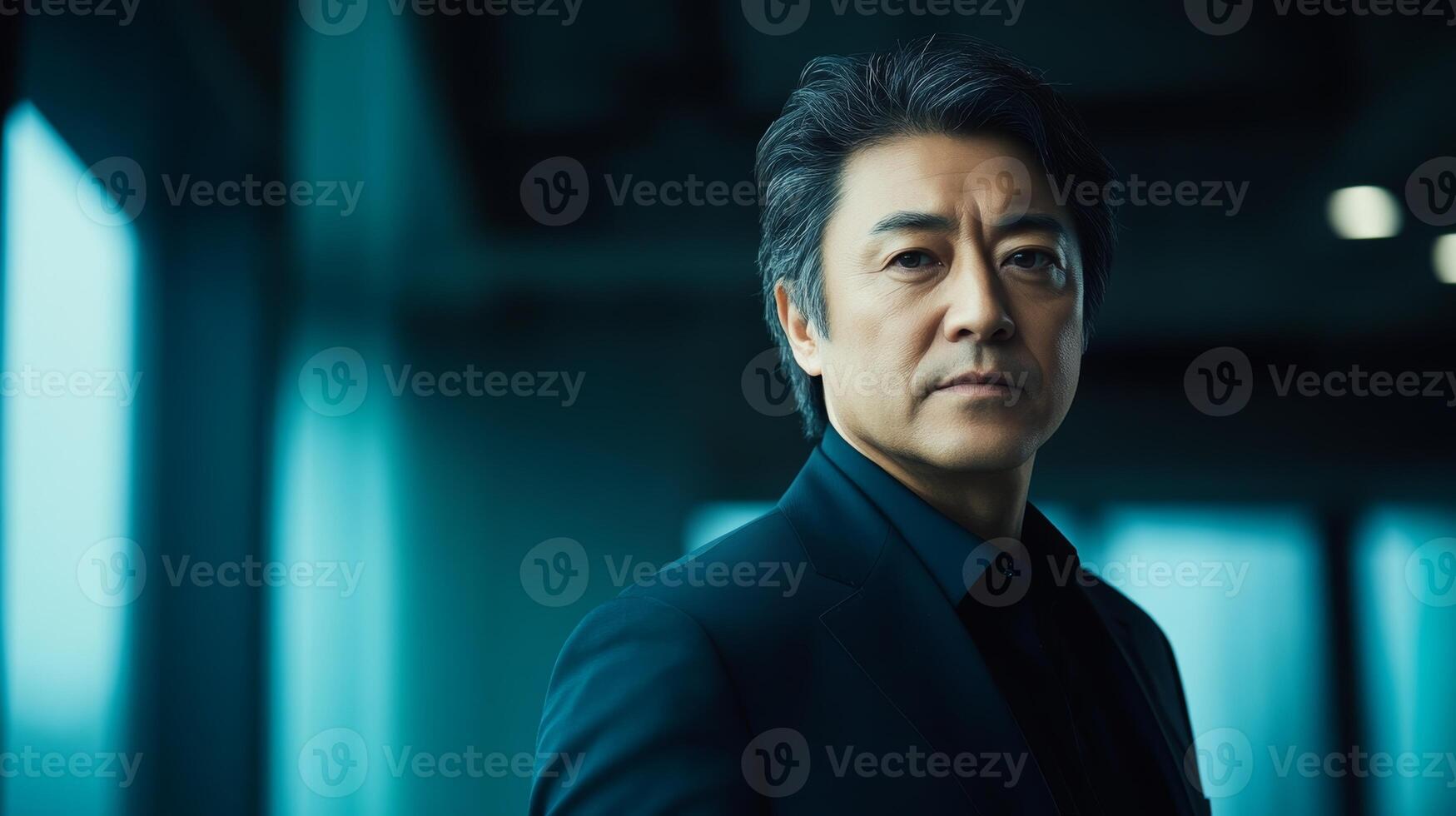Portrait of a man with dark hair in a formal outfit against a blue-toned background in an indoor setting photo