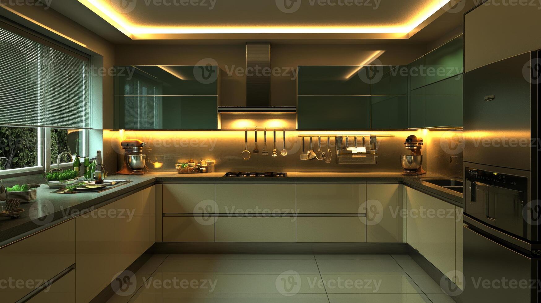 Modern kitchen design featuring minimalistic cabinets and ambient lighting in a stylish home photo