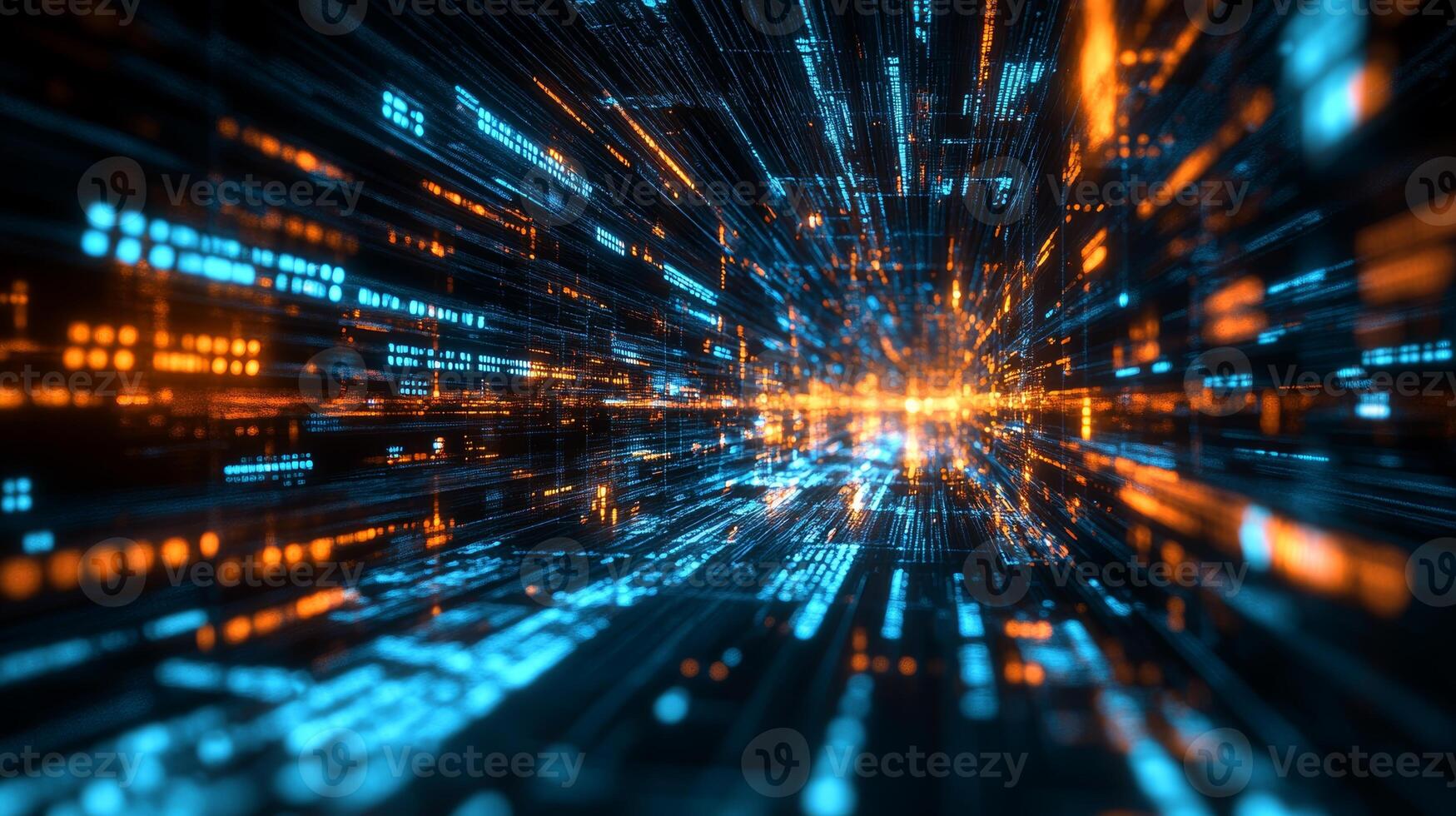 Visual representation of digital data flow in vibrant blue and orange tones, resembling high-speed internet connections and information transfer photo