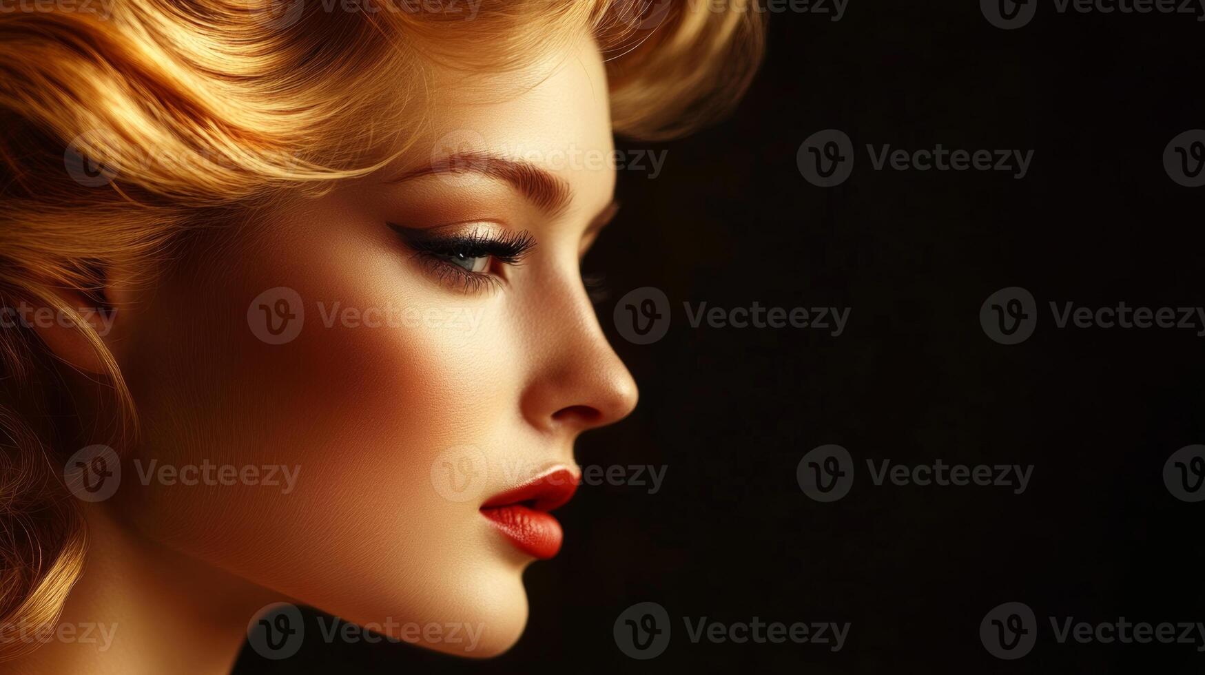 Elegant profile of a woman with glamorous hairstyle and striking makeup in soft lighting photo