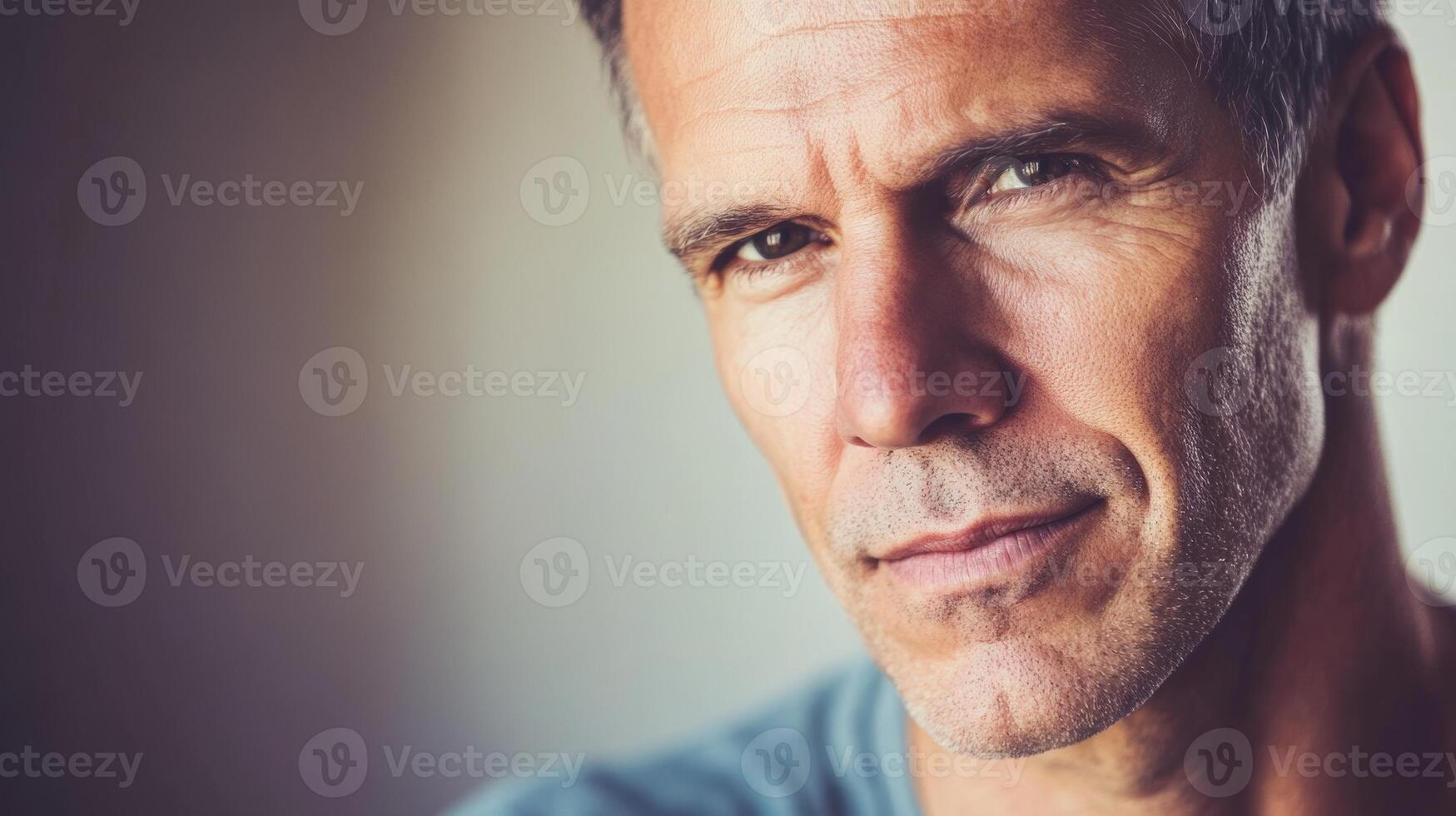 Mature man with confident expression looks directly at the viewer in soft natural light indoors photo