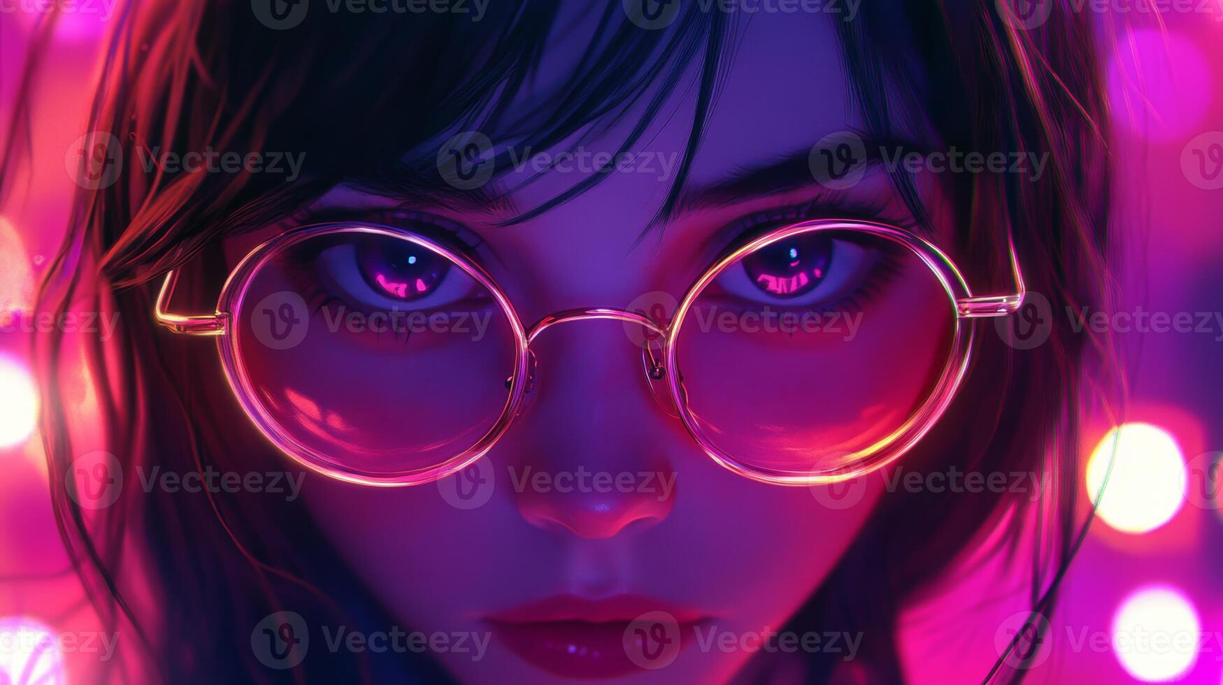 Woman with round glasses and vivid lighting in a colorful setting expressing deep emotions photo