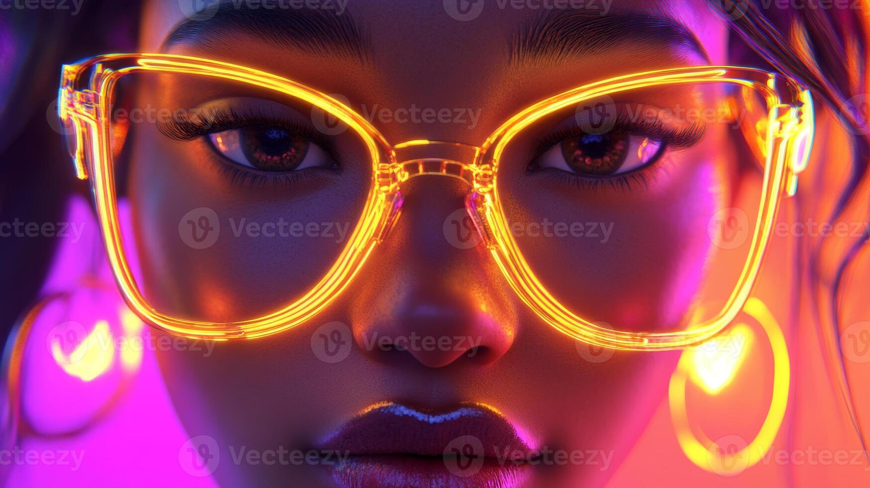 Bright neon glasses highlight a youthful face with expressive eyes at a vibrant urban event photo
