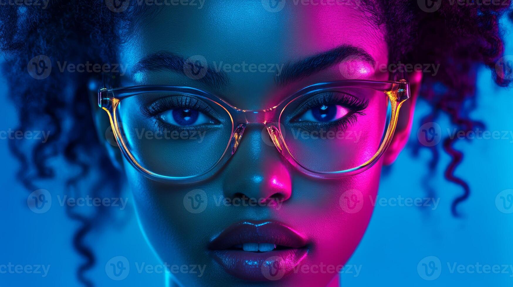 Model with curly hair wearing stylish glasses poses against vibrant blue and pink lighting at night photo