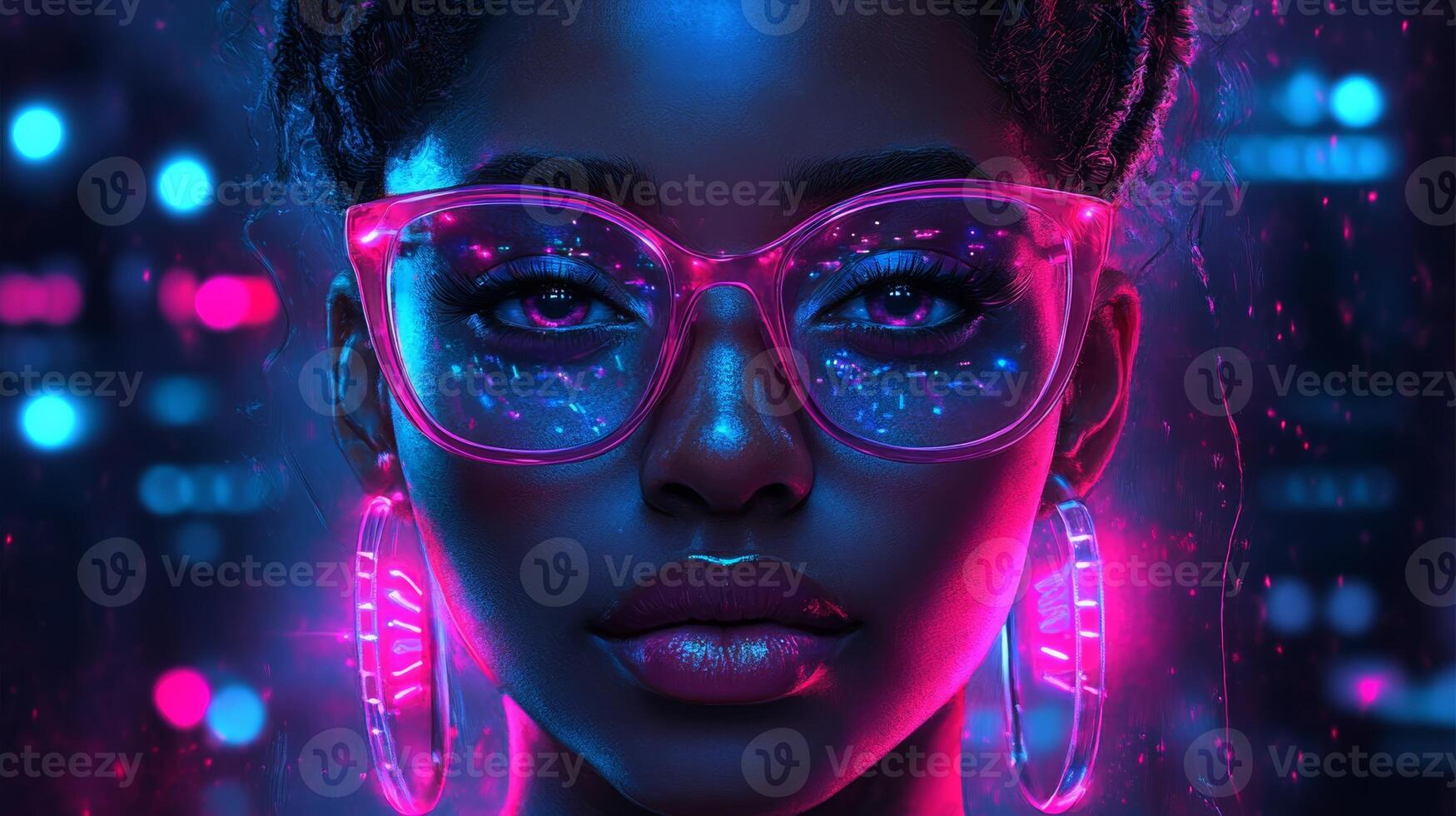 Bright neon lights illuminate a young woman with stylish glasses and striking earrings in an urban night setting photo