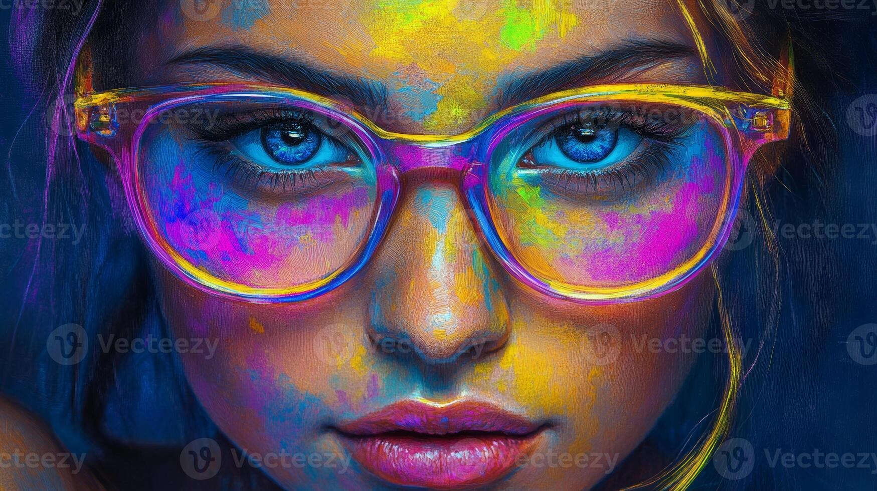 Portrait of a young woman with colorful artistic makeup and vibrant glasses during a modern artistic expression event photo