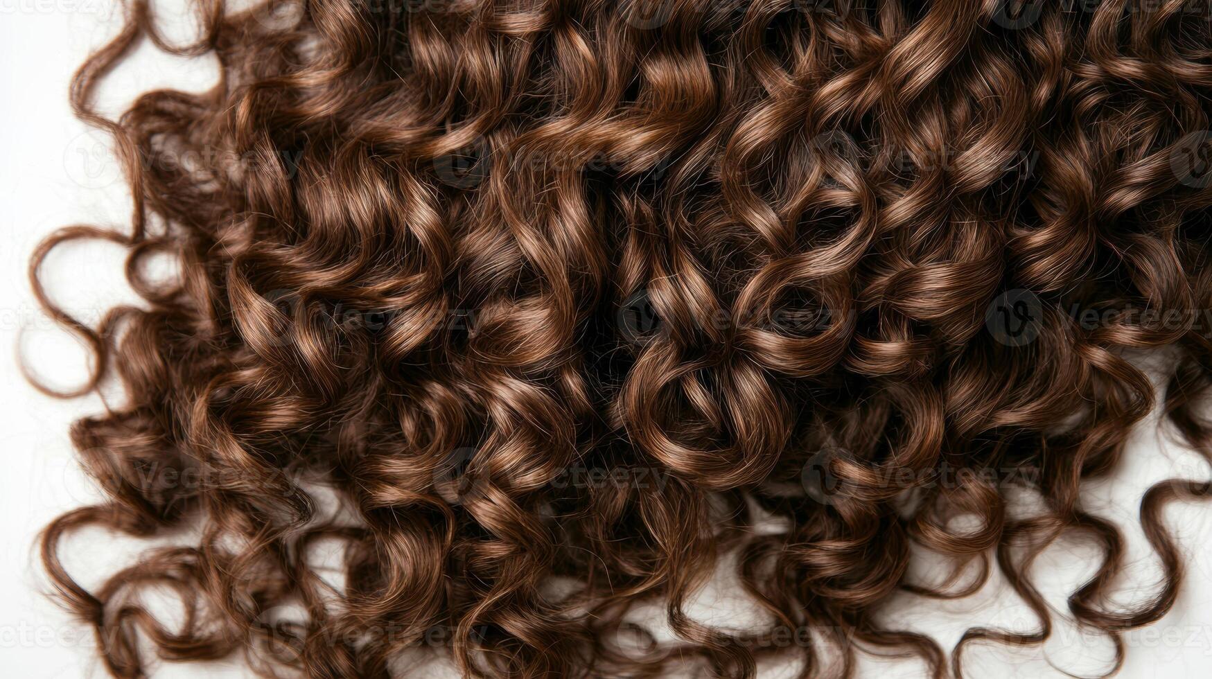 Curly brown hair displayed on a light background showcasing beautiful ringlets and texture photo