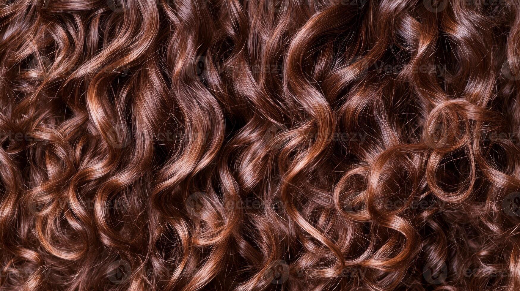 Curly brown hair texture close-up showcases vibrant waves and natural curls in soft lighting photo