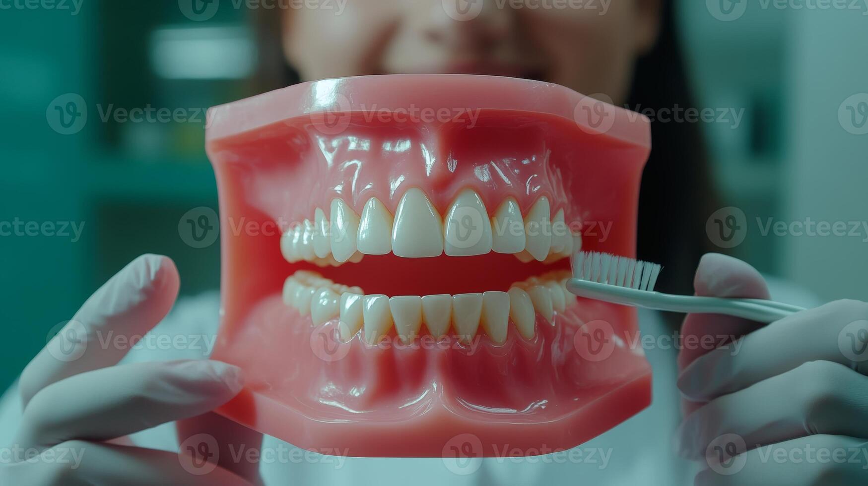 Demonstration of teeth brushing techniques using a dental model in a clinical setting photo