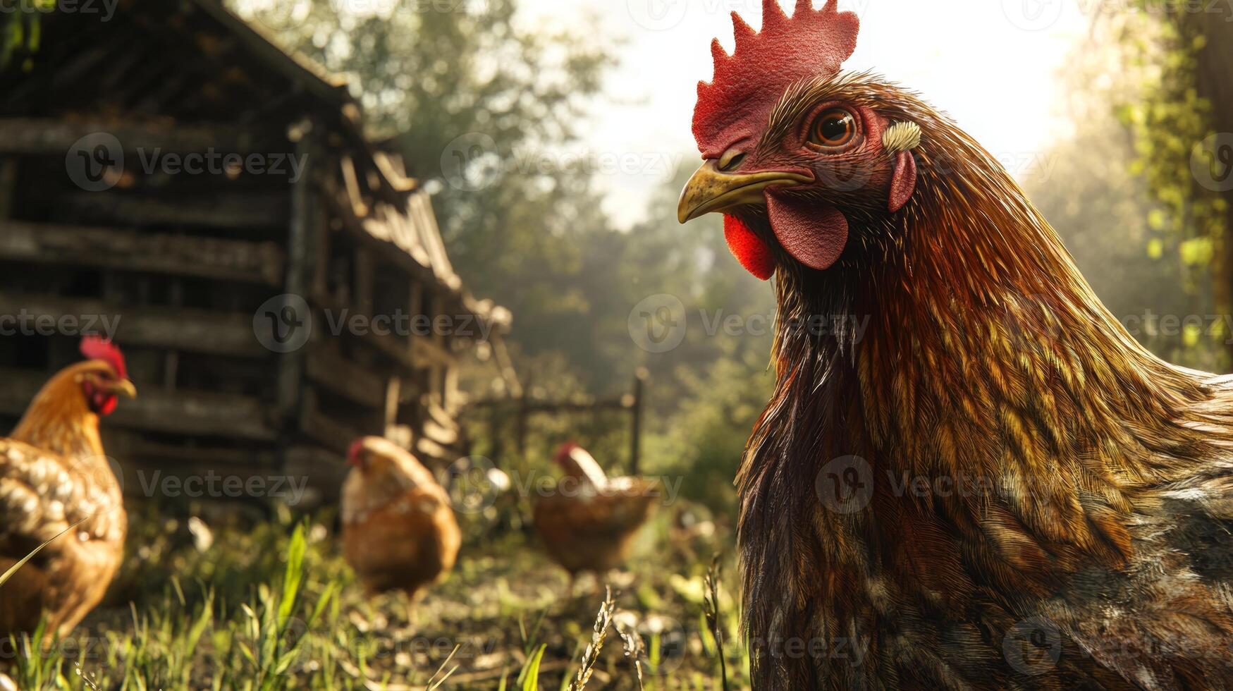 Colorful chicken forages in sunlight near rustic farm structure surrounded by other hens in the morning light photo