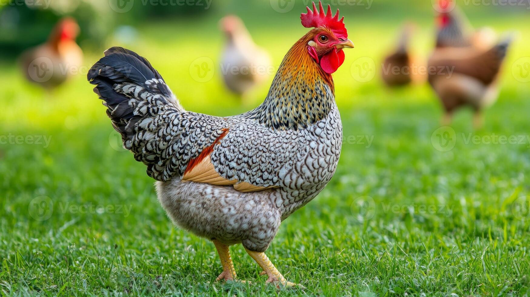 Unique rooster with colorful plumage stands proudly on lush grass in a countryside farm during daylight photo