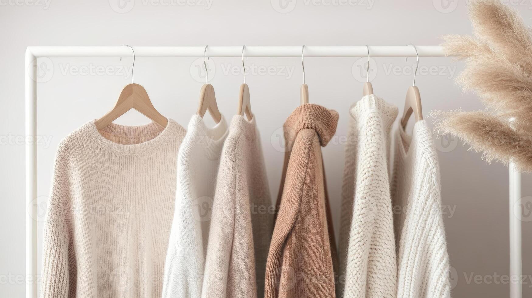 Cozy sweaters displayed on a hanger rack in neutral tones for a stylish fall wardrobe photo
