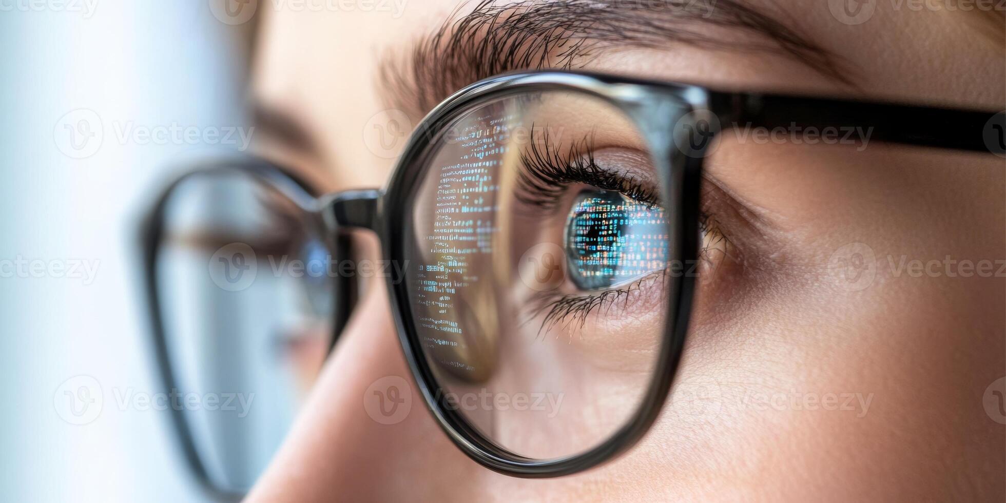 Close-up view of a person's eye behind glasses reflecting digital code while focused on a screen in a modern workspace photo