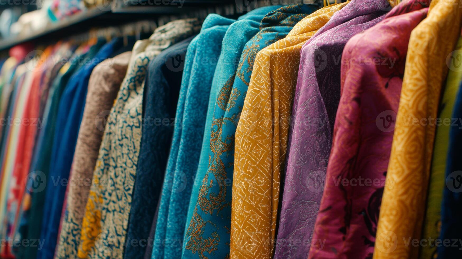 Colorful silk garments hanging in a vibrant marketplace display during a festive season photo