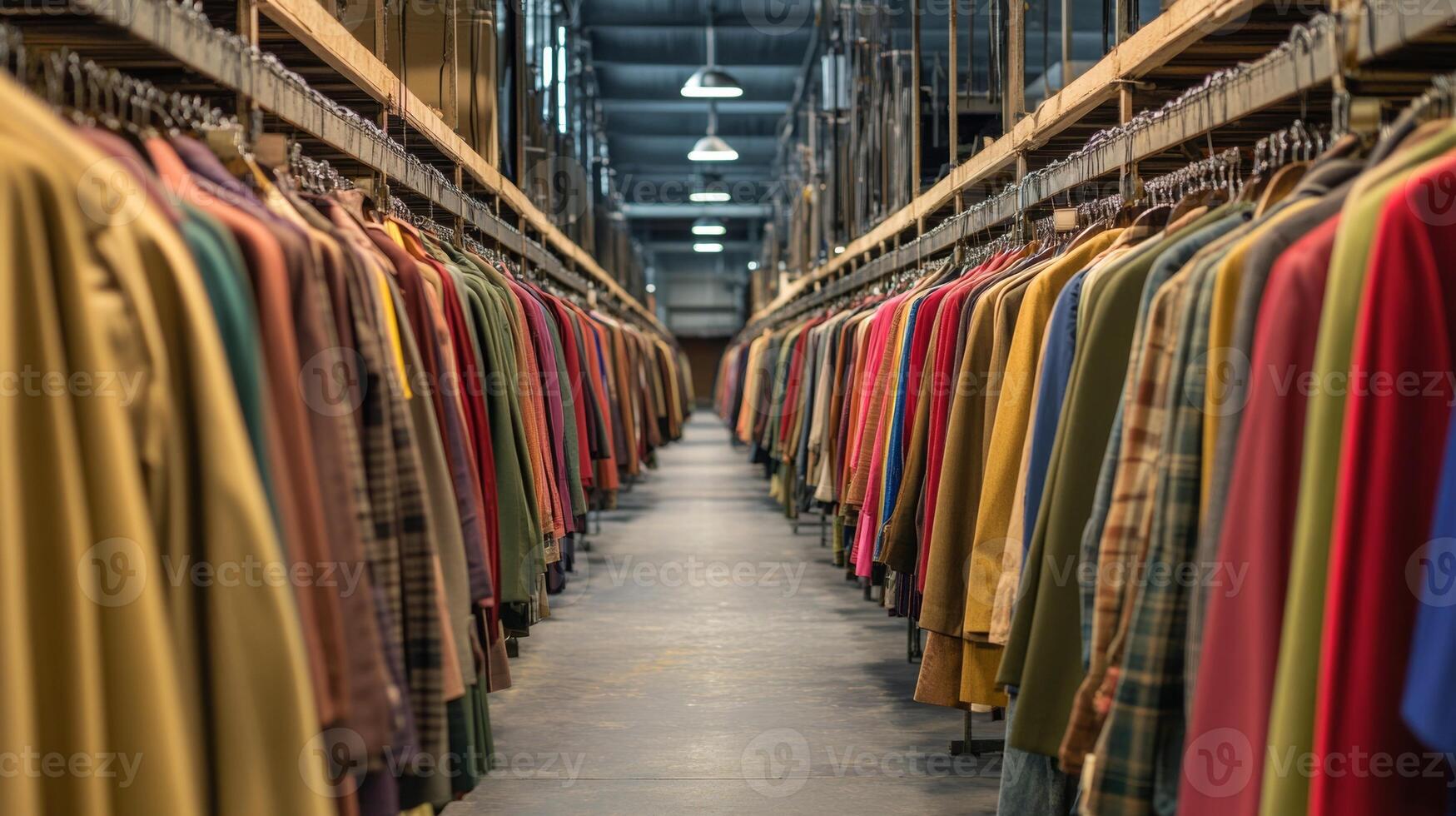 Colorful garments lined in a vast warehouse creating a vibrant corridor of fabric photo