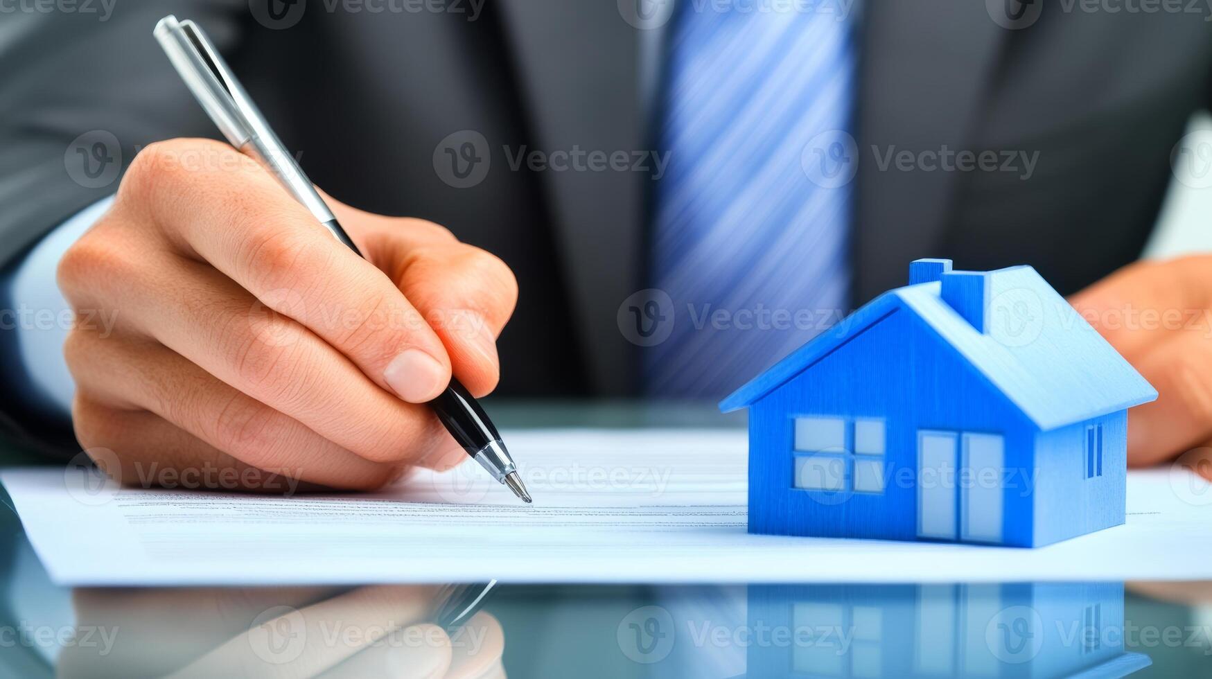 Signing a real estate contract with a miniature house on the table and a pen in hand during a business meeting photo