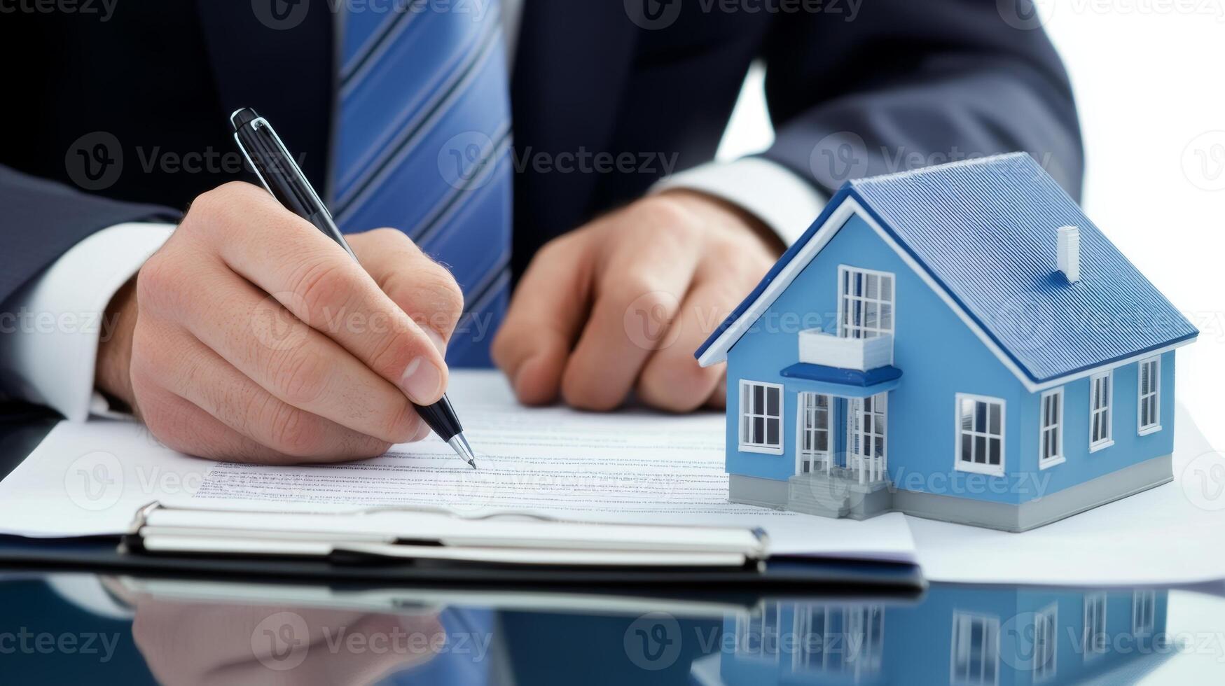 Signing real estate documents with a miniature house at a desk during a formal meeting photo